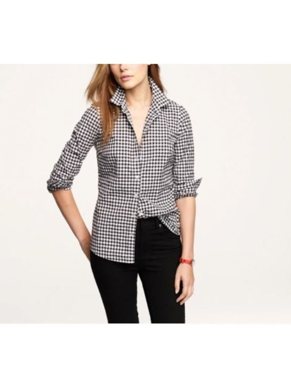 J Crew Top Womens Medium Black White Gingham The Perfect Shirt Button Up Preppy